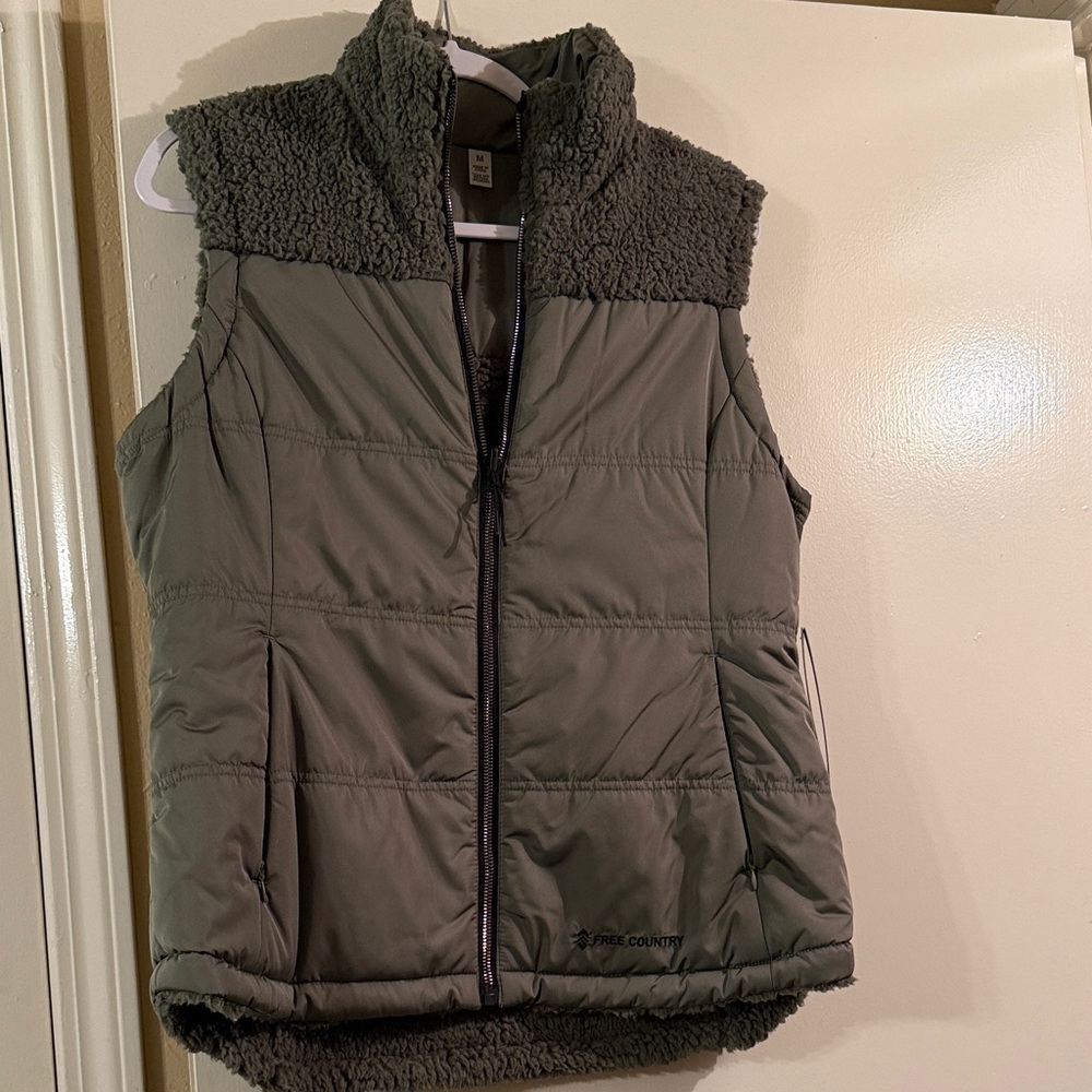 Free Country Khaki Puffer Vest with Fleece Trim